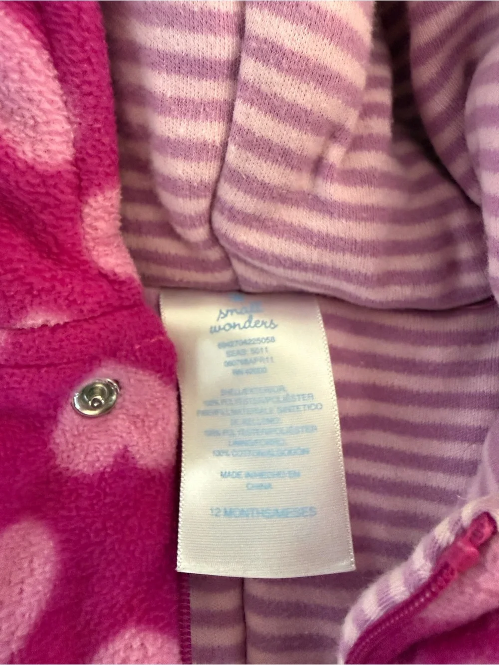 small wonders pink and light purple heart fleece coverall